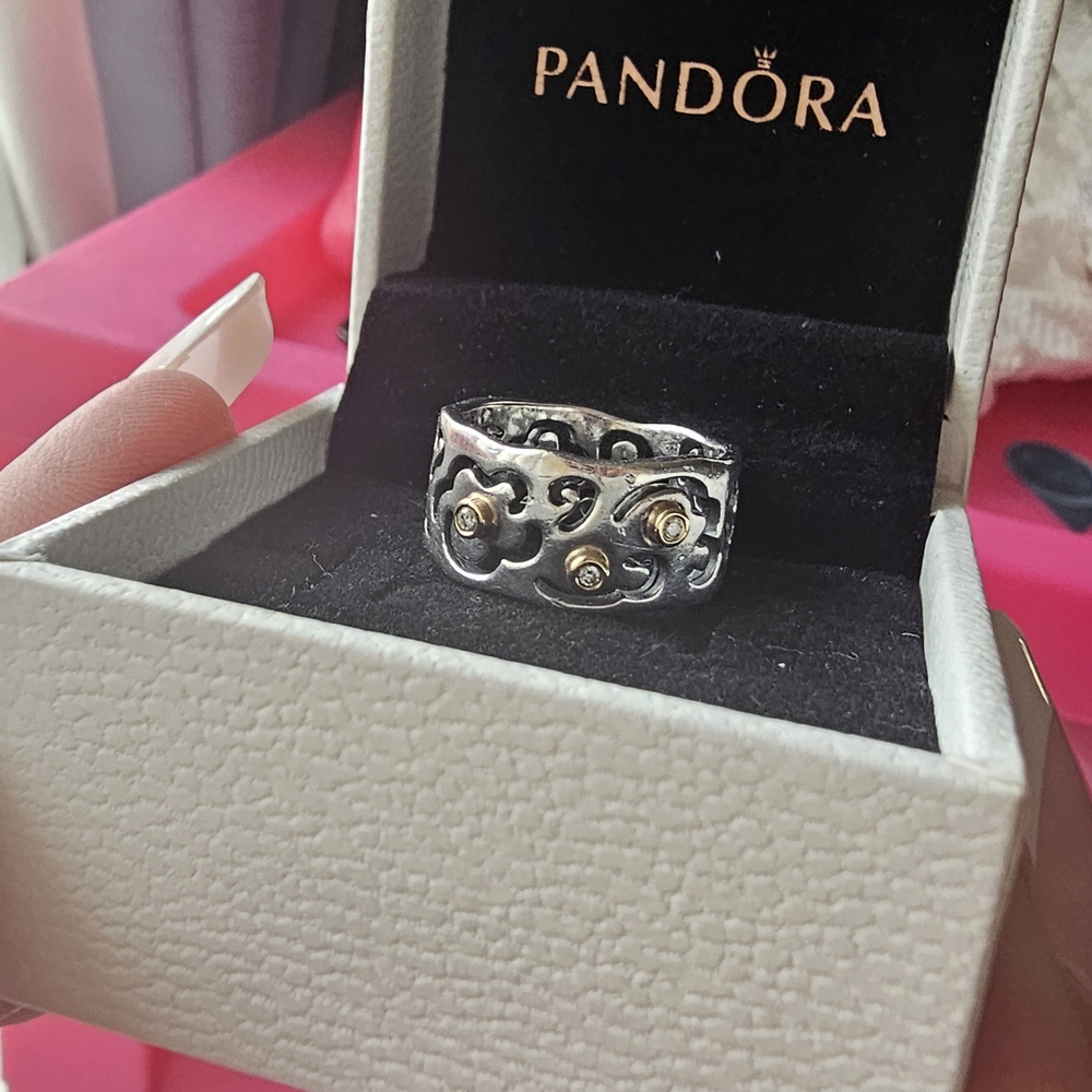 Pandora Silver w/ 14kt Gold & Diamonds Floral Ring